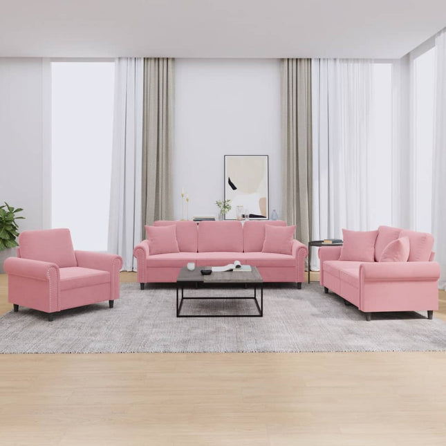 sofasæt 3 dele med puder velour lyserød