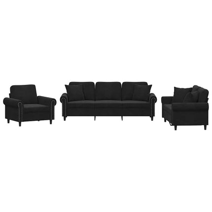 sofasæt 3 dele med puder velour sort