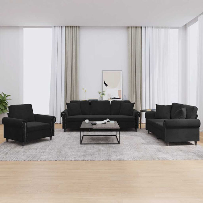 sofasæt 3 dele med puder velour sort