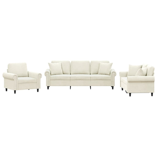 sofasæt 3 dele med puder velour cremefarvet