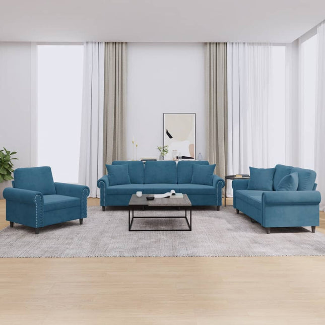 sofasæt 3 dele med puder velour blå
