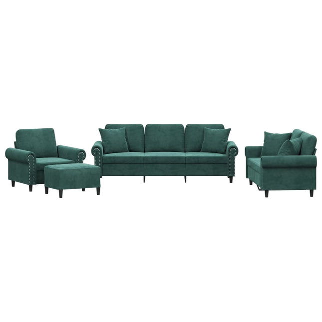 sofasæt 4 dele med puder velour mørkegrøn