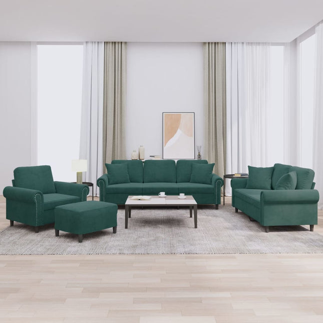 sofasæt 4 dele med puder velour mørkegrøn