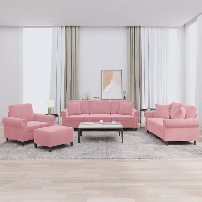 sofasæt 4 dele med puder velour lyserød