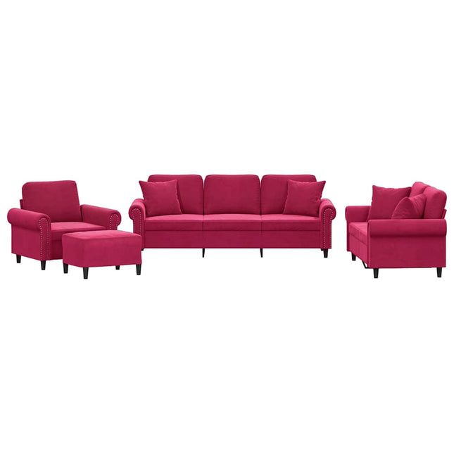 sofasæt 4 dele med puder velour vinrød