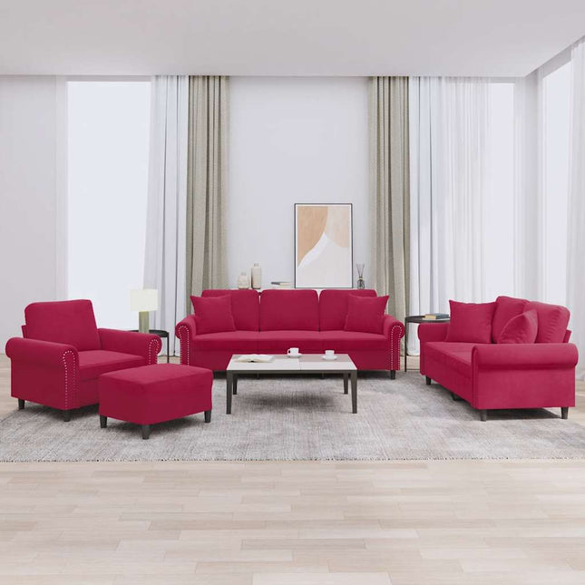 sofasæt 4 dele med puder velour vinrød