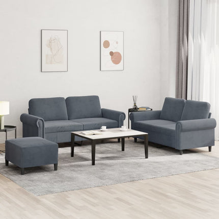 sofasæt 3 dele med hynder velour mørkegrå