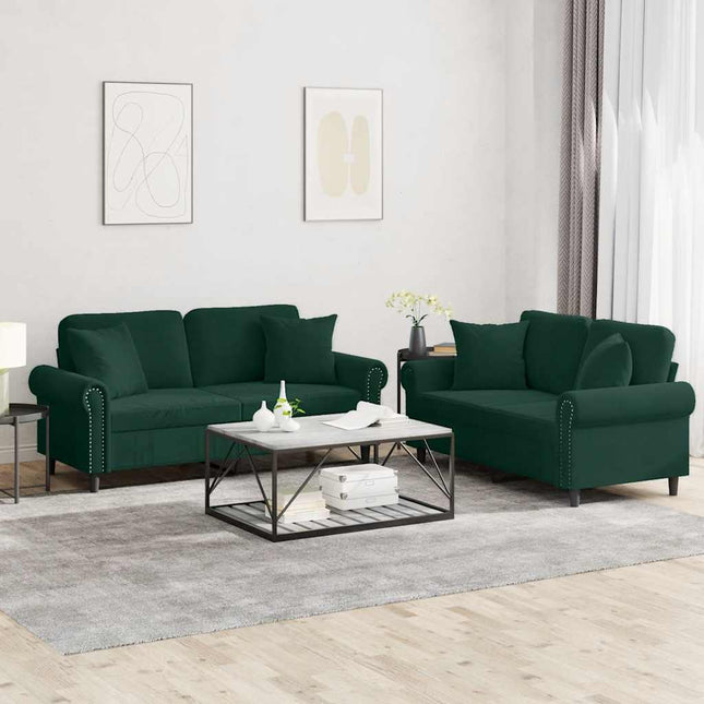 sofasæt 2 dele med puder velour mørkegrøn