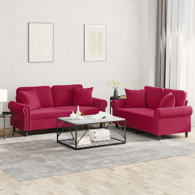 sofasæt 2 dele med puder velour vinrød
