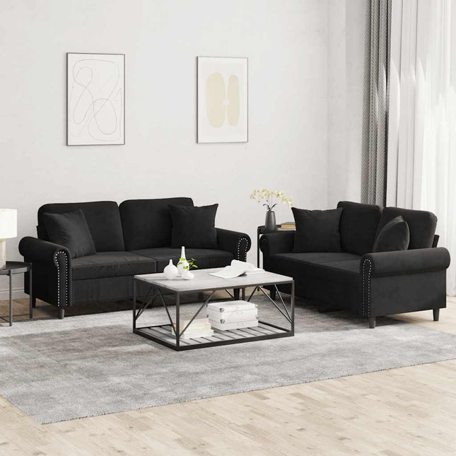 sofasæt 2 dele med puder velour sort