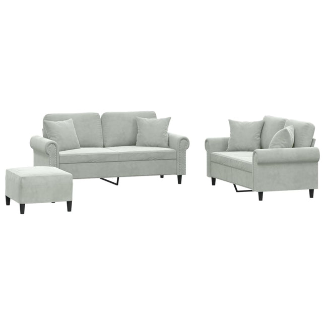 sofasæt 3 dele med puder velour lysegrå
