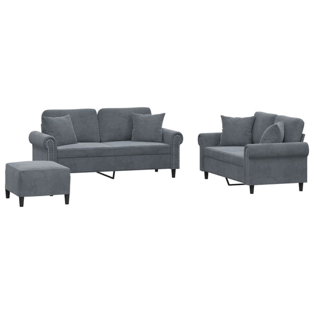 sofasæt 3 dele med puder velour mørkegrå