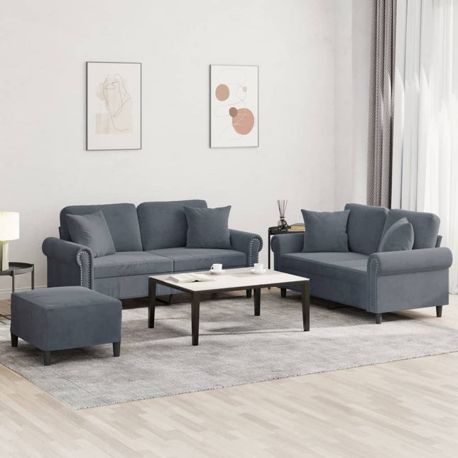 sofasæt 3 dele med puder velour mørkegrå