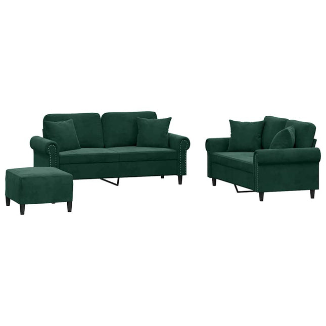 sofasæt 3 dele med puder velour mørkegrøn