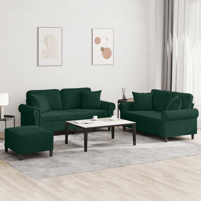 sofasæt 3 dele med puder velour mørkegrøn