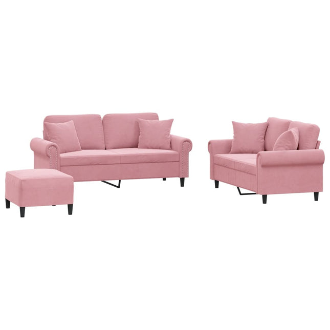 sofasæt 3 dele med puder velour lyserød