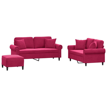 sofasæt 3 dele med puder velour vinrød