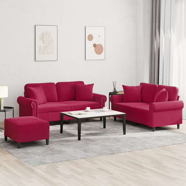 sofasæt 3 dele med puder velour vinrød