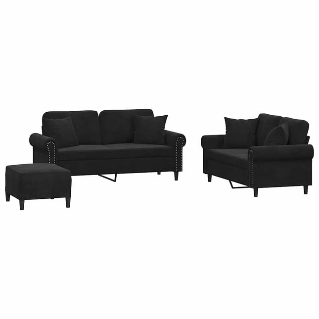 sofasæt 3 dele med puder velour sort