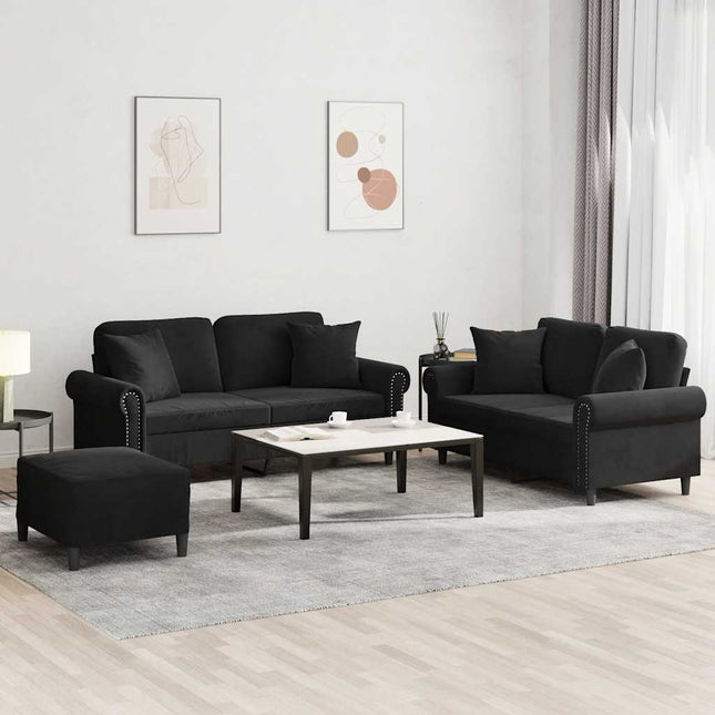 sofasæt 3 dele med puder velour sort