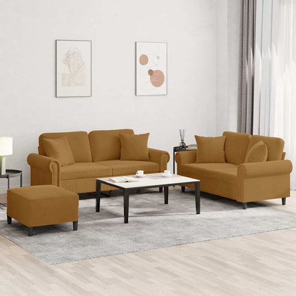sofasæt 3 dele med puder velour brun