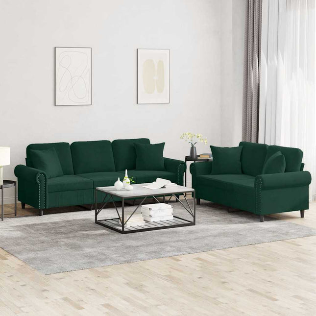 sofasæt 2 dele med puder velour mørkegrøn