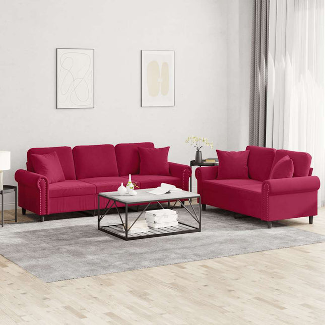 sofasæt 2 dele med puder velour vinrød