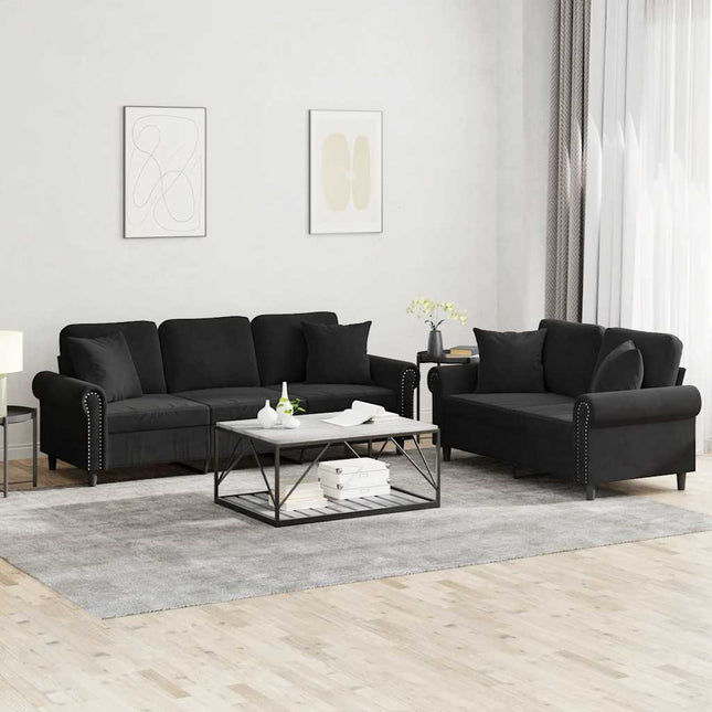 sofasæt 2 dele med puder velour sort