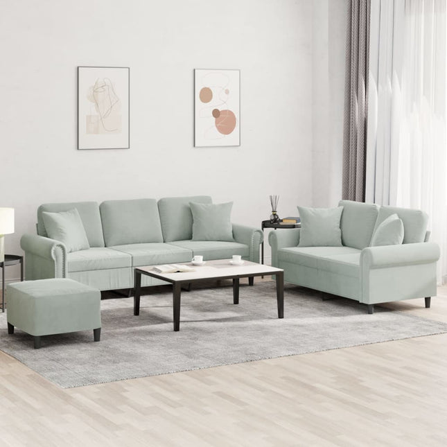 sofasæt 3 dele med puder velour lysegrå