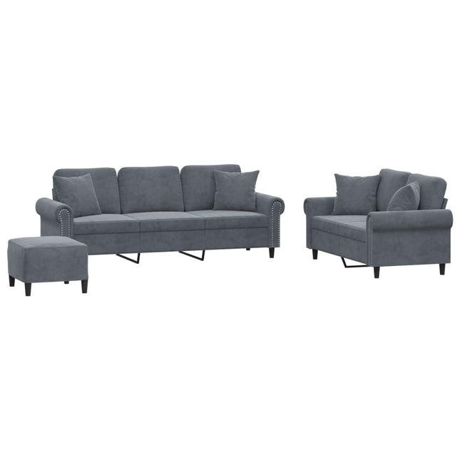sofasæt 3 dele med puder velour mørkegrå