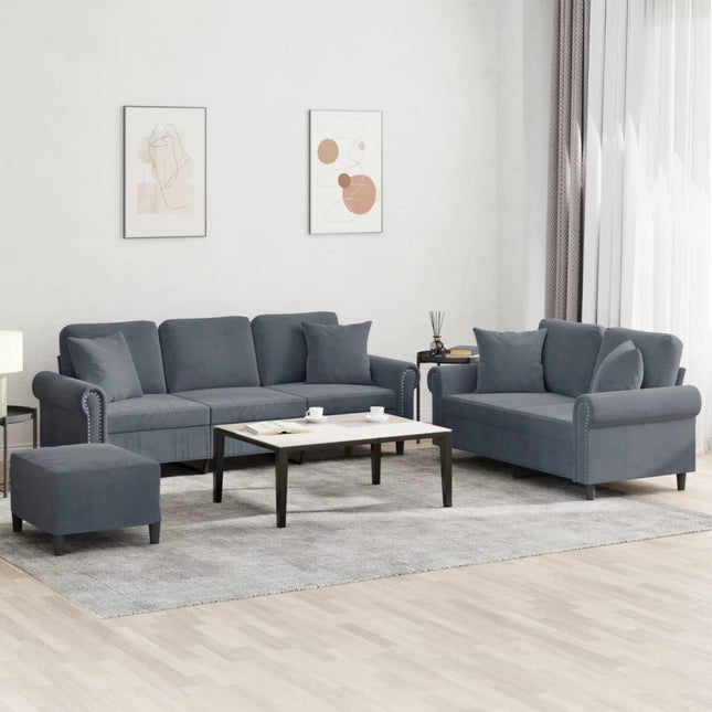 sofasæt 3 dele med puder velour mørkegrå