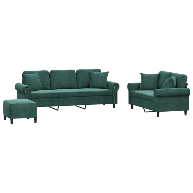 sofasæt 3 dele med puder velour mørkegrøn