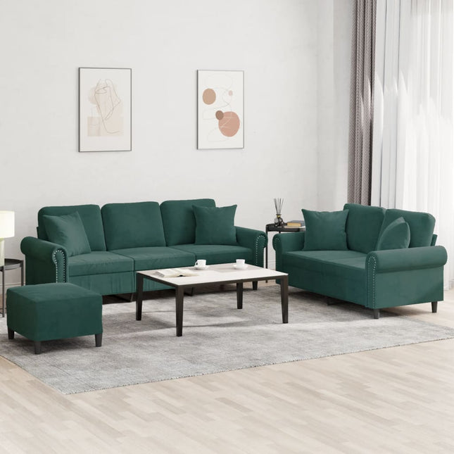 sofasæt 3 dele med puder velour mørkegrøn