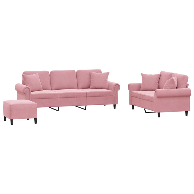 sofasæt 3 dele med puder velour lyserød