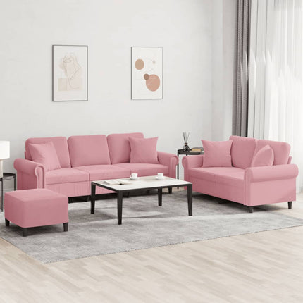sofasæt 3 dele med puder velour lyserød