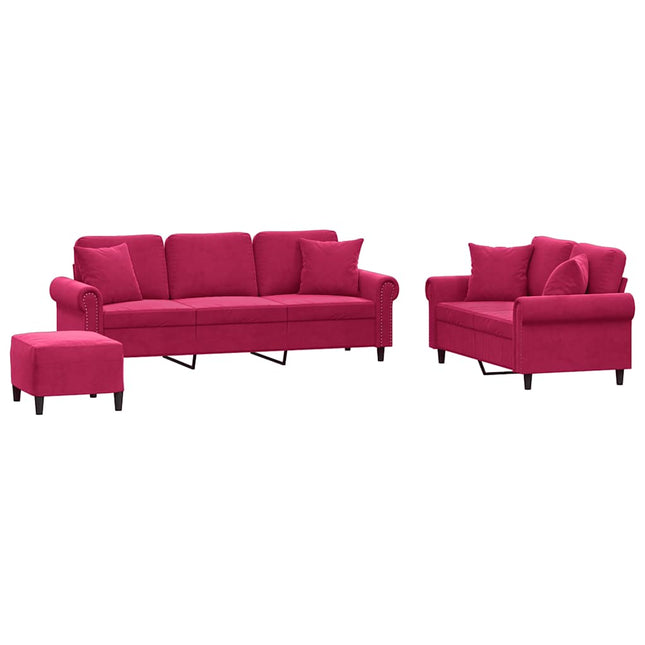 sofasæt 3 dele med puder velour vinrød