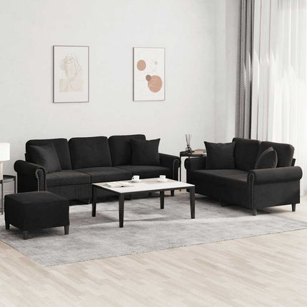 sofasæt 3 dele med puder velour sort