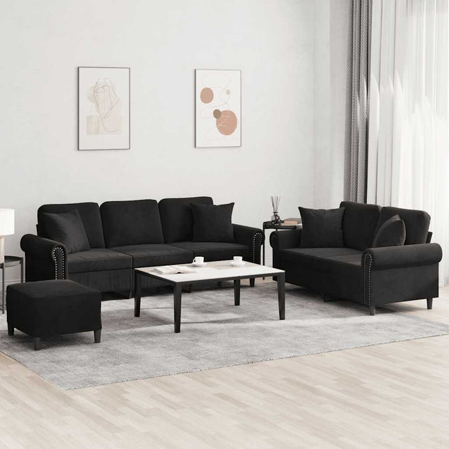 sofasæt 3 dele med puder velour sort