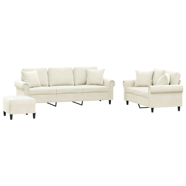 sofasæt 3 dele med puder velour cremefarvet