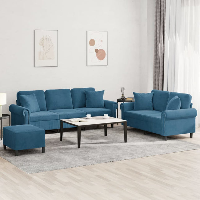 sofasæt 3 dele med puder velour blå