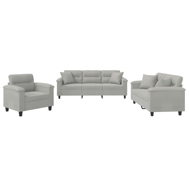 sofasæt 3 dele med puder mikrofiberstof lysegrå
