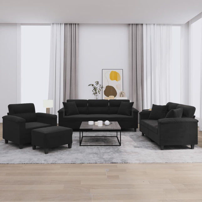 sofasæt 4 dele med puder mikrofiberstof sort