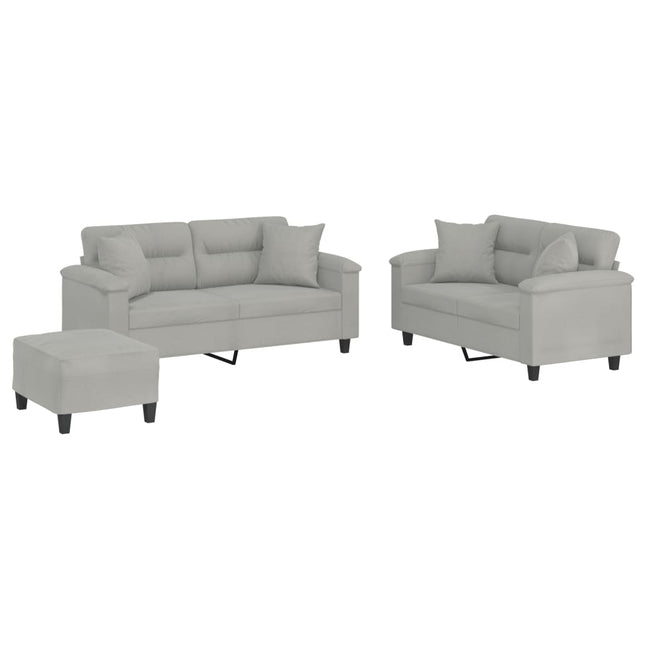 sofasæt 3 dele med puder mikrofiberstof lysegrå