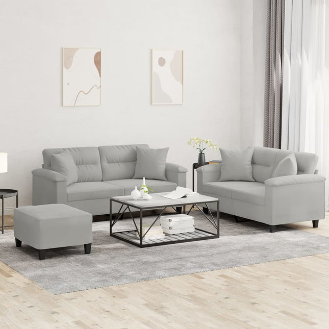 sofasæt 3 dele med puder mikrofiberstof lysegrå