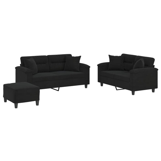 sofasæt 3 dele med puder mikrofiberstof sort
