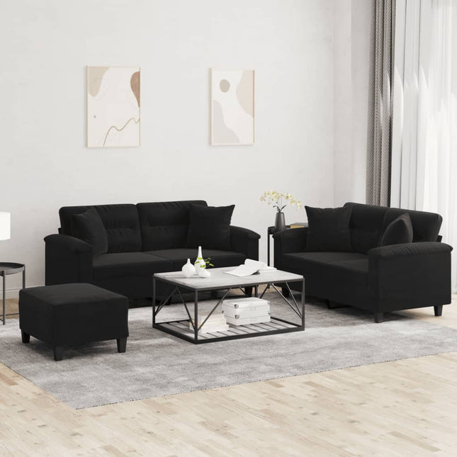 sofasæt 3 dele med puder mikrofiberstof sort