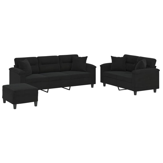sofasæt 3 dele med puder mikrofiberstof sort