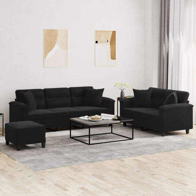 sofasæt 3 dele med puder mikrofiberstof sort