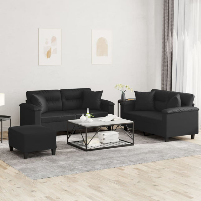 sofasæt 3 dele med puder kunstlæder sort