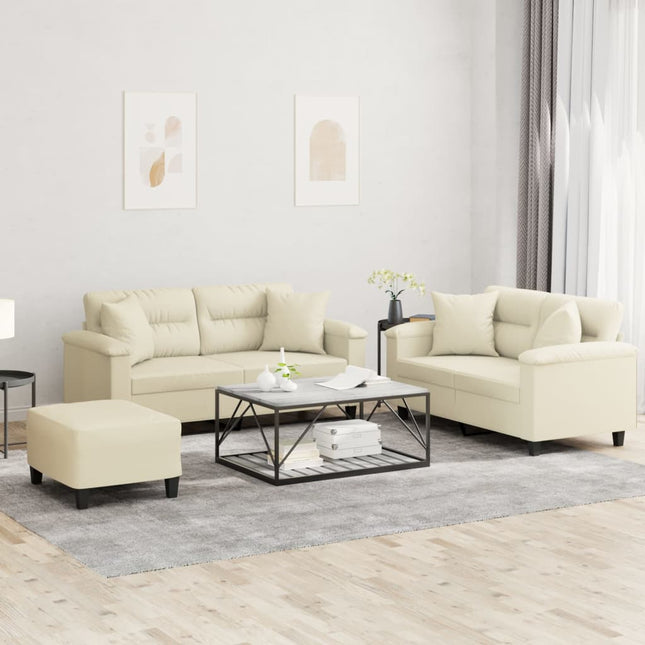 sofasæt 3 dele med puder kunstlæder cremefarvet